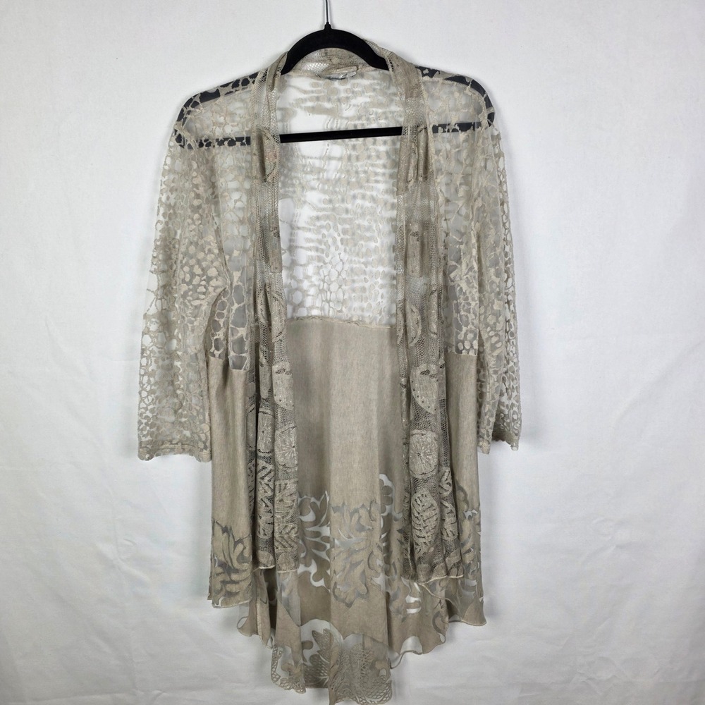 Ania‎ A Floral Lace Mesh Open Front Duster Cardigan Champagne Taupe 3/4 Sleeve